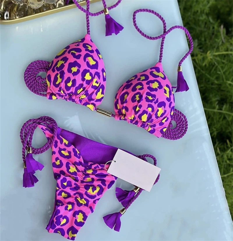 Bikini con estampado de cuerda tejida para mujer, traje de baño Sexy, brasileño, para playa y vacaciones, 2 colores