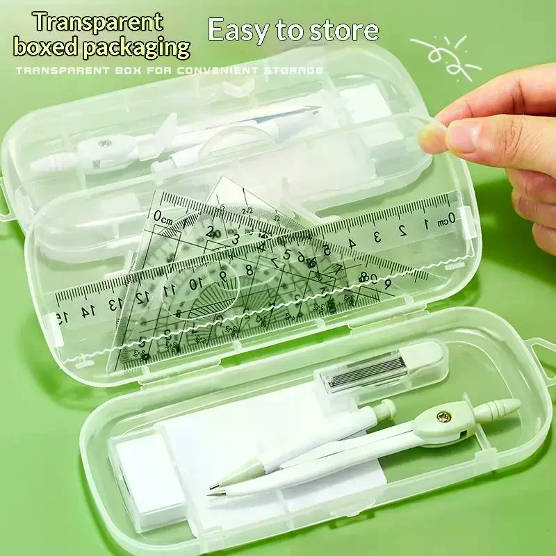 3/8Pcs Eraser Transparent Measuring Ruler Straight Ruler Square Protractor Kit Plastic Ruler Compasses Set For School Office