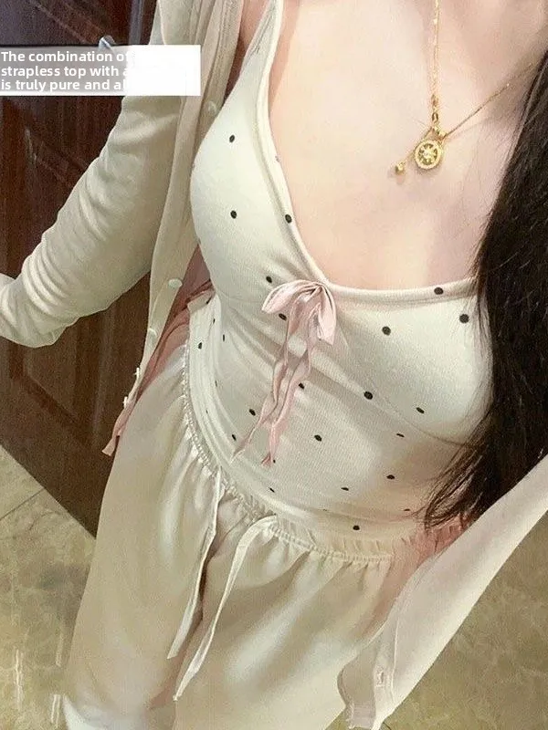 Sweet  Knot Strap Vest Design Unique Small Audience Open Cardigan Two Piece Set Women Slimming Sun Protection Top Tr...