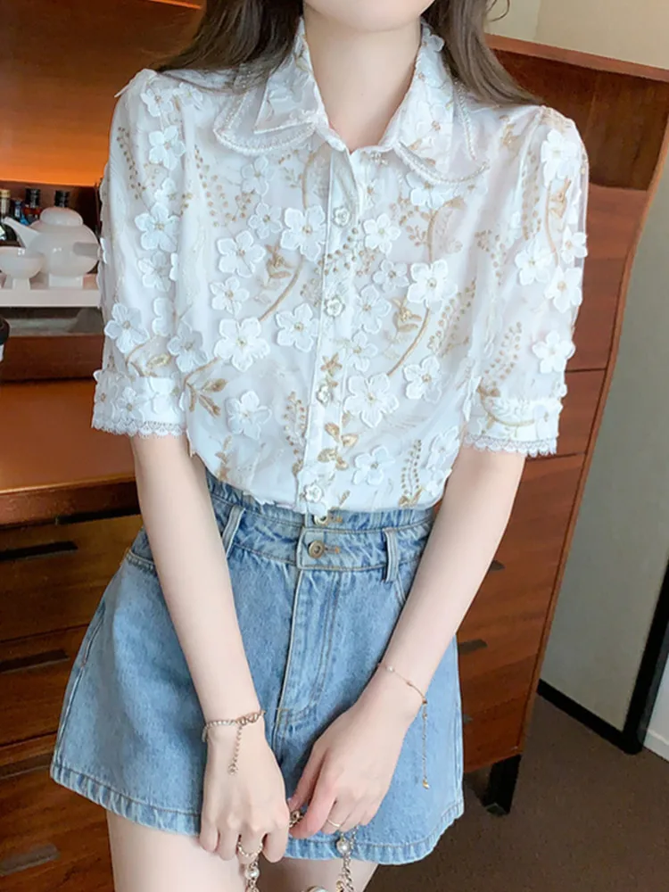 SMTHMA Summer New French Vintage Flower Embroidery Shirt Women\'s Fashion Design Elegant Lapel Short Sleeve Top