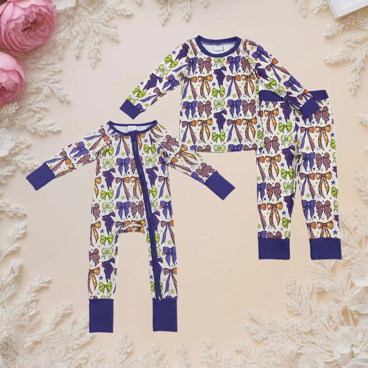 Kids Clothing Sibling Girls Pajamas Sets Baby Girls Clothes Children Outfits Purple Bows Stars Boutique Zipper Footie Romper
