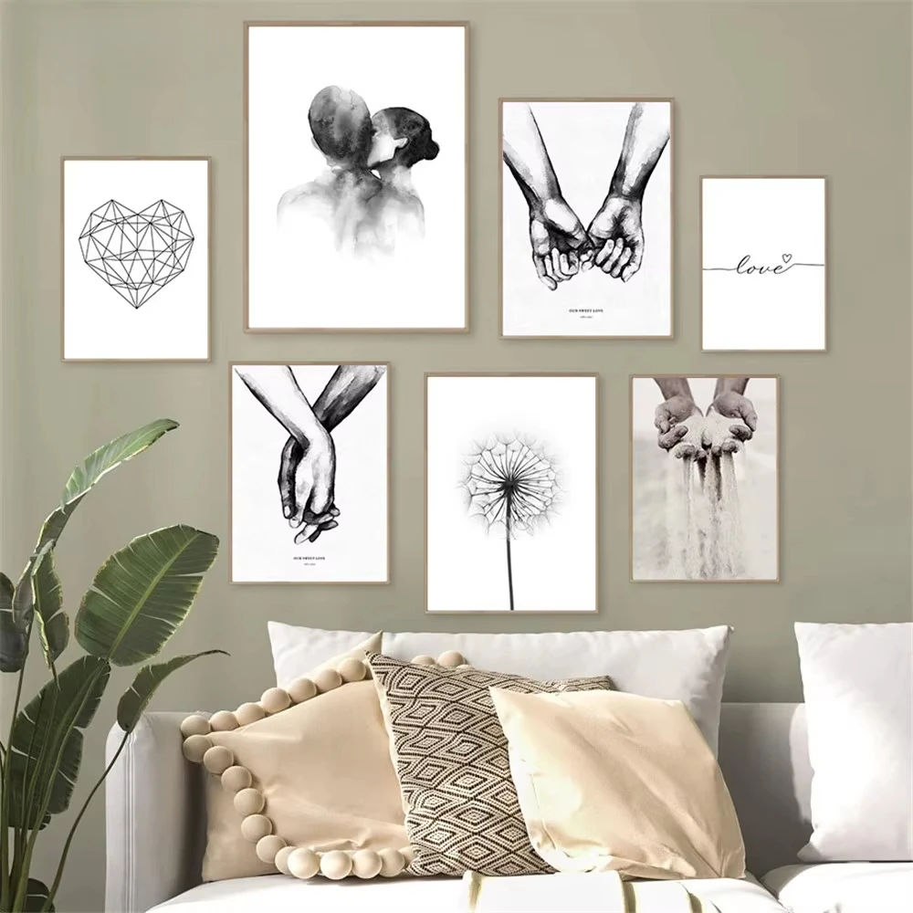 Black and White Wall Art Canvas Painting Couple Hand Painting Abstract Love Poster Printmaking Nordic Living Room Decoration