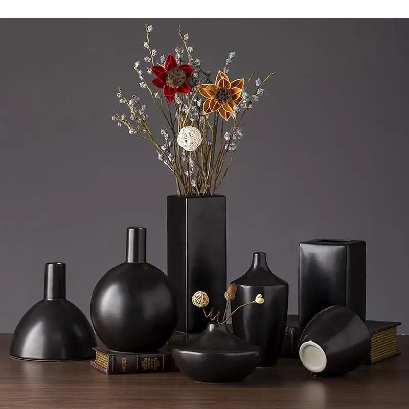 Black Series Ceramic Vase Desktop Decoration Accessories Living Room Flower Arrangement Container Hydroponic Combination