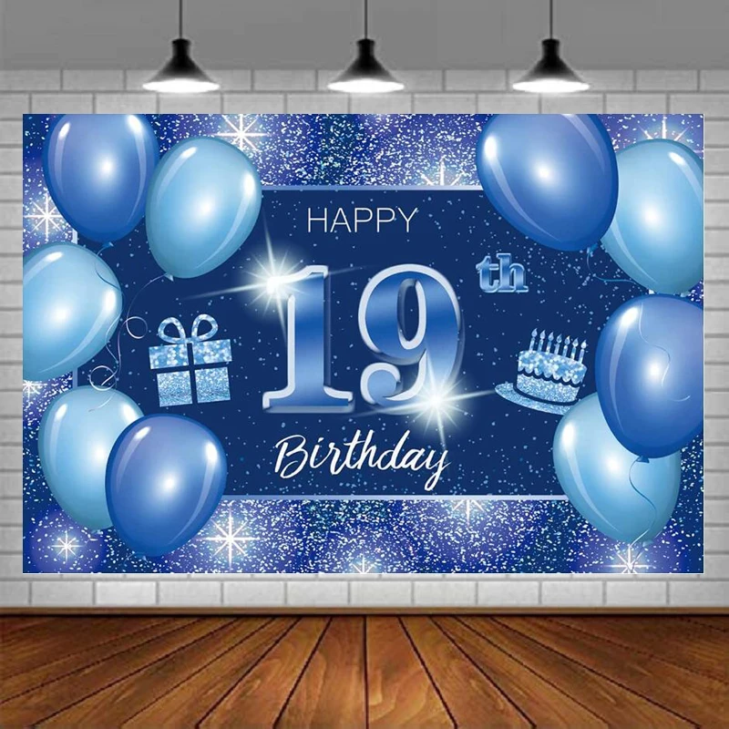 

Photography Backdrop Banner Decor Blue Dot Glitter Sparkle Happy 19 Years Old 19th Birthday Party Theme For Boys Girls Supplies