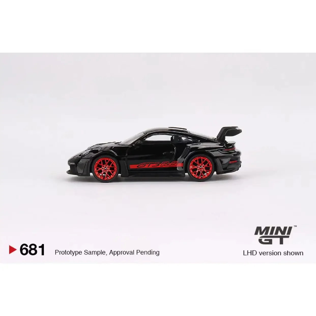 MINIGT-modelo de coche 911 (992) GT3 RS negro con Pyro rojo, vehículo fundido a presión de aleación #681, Colección LHD, 1:64