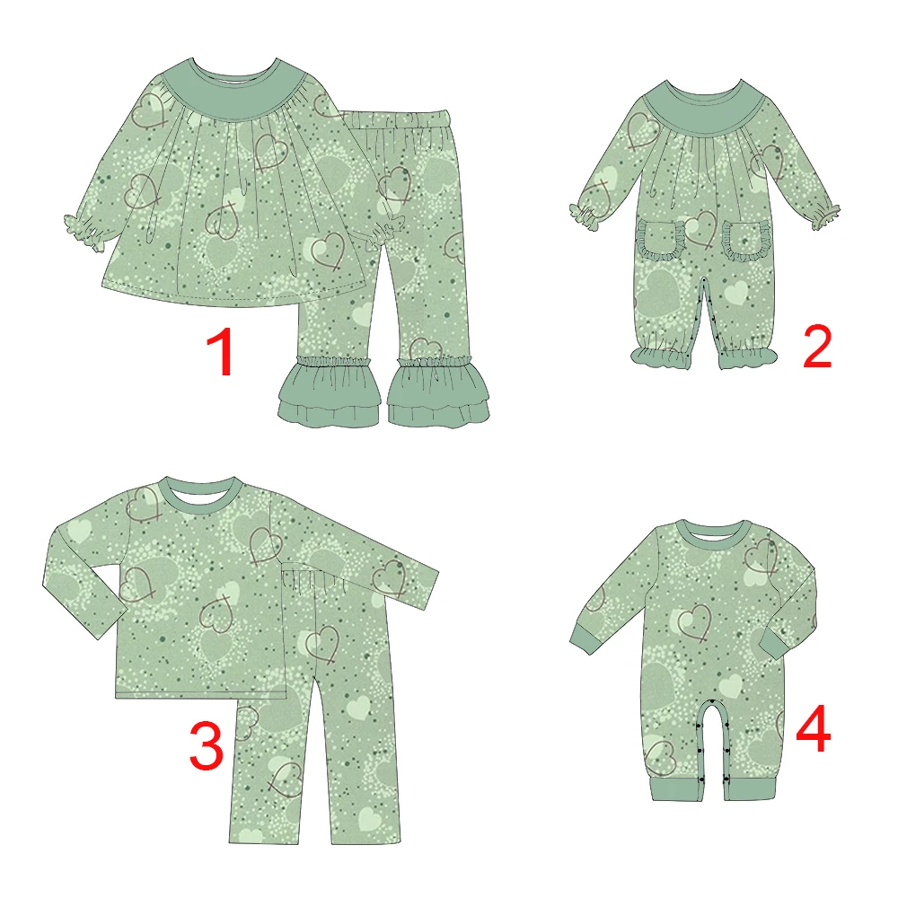 

Kids' set long-sleeved and long-legged boys' outfit green series heart print matching boys /girls romper and set custom