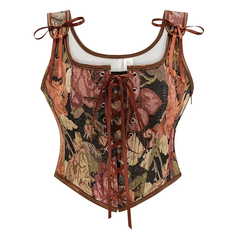Floral Printed Vintage Corset Women Overbust Slimm Corsets Lace Up Boned Shaping Tops Korset