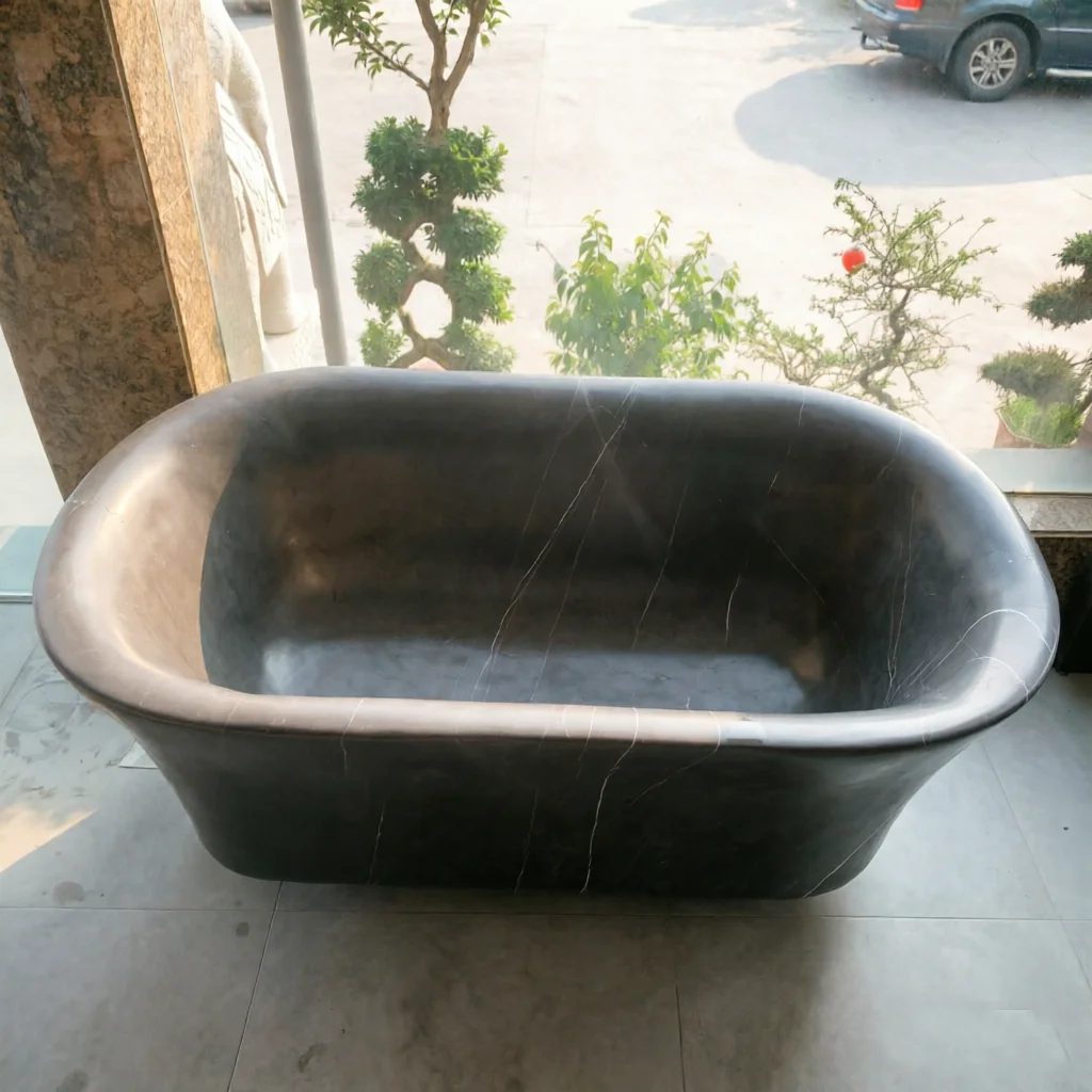 #￥Wholesale 1.9m Large Black Marble Freestanding Bathtub Whirlpool Soaking Bath Tub with Clear Texture for Villa Bathroom