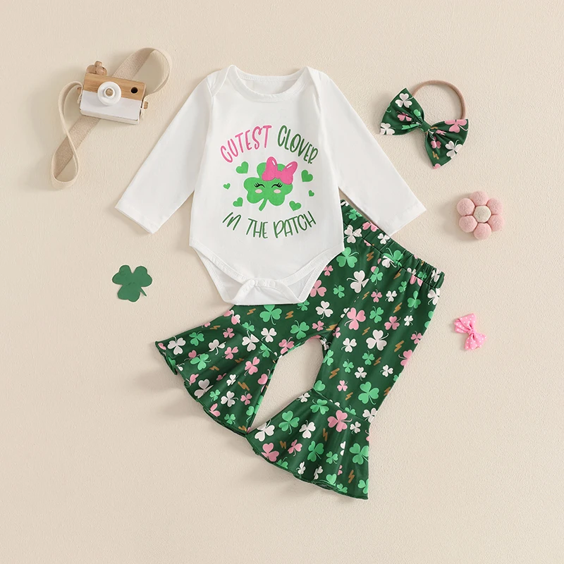 Baby-Mädchen-Outfits zum irischen Tag, mit Buchstaben-Aufdruck, langen Ärmeln, Strampler und ausgestellte Hosen mit Kleeblatt-Aufdruck und Stirnband