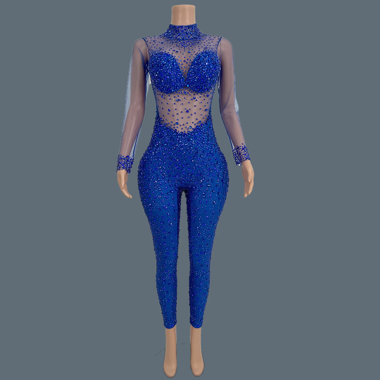 Sparkly Rhinestones Skinny Pants for Women Event Party Birthday Outfit Sexy Mesh Dance Crystal Jumpsuit Stage Wear Wangshazuan