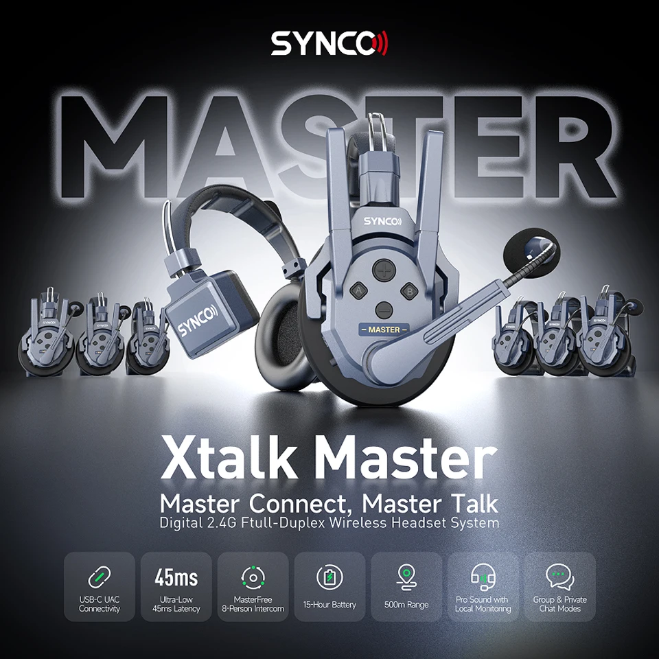 Synco Xtalk Master Digital 2.4G Masterfree 8-Personen-Gegensprechanlage, 500 m Reichweite, Pro-Sound mit lokaler Überwachung, kabelloses Headset
