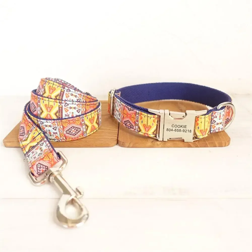 Personalized Dog Collar,Matching Leashes,Customized ID Name Contacts Metal Buckle Adjustable Blue Ethnic Print Dog Pet Collars