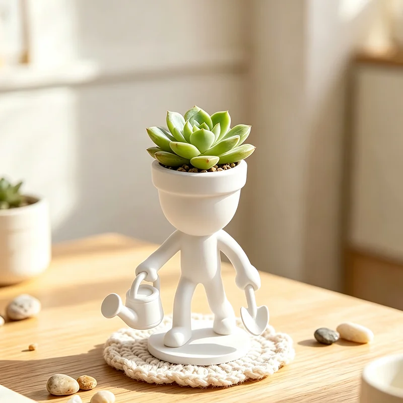 3D Printed Succulent Flower Pot Cute Gardener Shaped Planter Decor Desk Window Sill Office Plant Pot Ornament