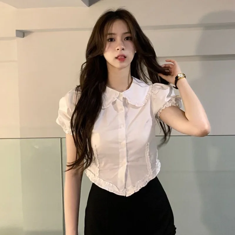 Shirts Women Preppy Style Peter Pan Collar Fashion Slim Puff Sleeve Chic Y2k College Summer Sweet Girlish Crops Blusas Kawaii