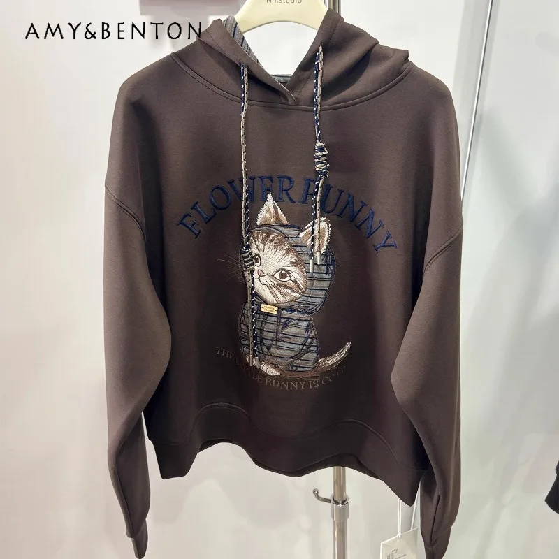 

European Style 2025 New Autumn Winter Embroidered Cat Hooded Sweatshirt Loose Coat For Women's Kawaii Clothes Long-sleeves Top