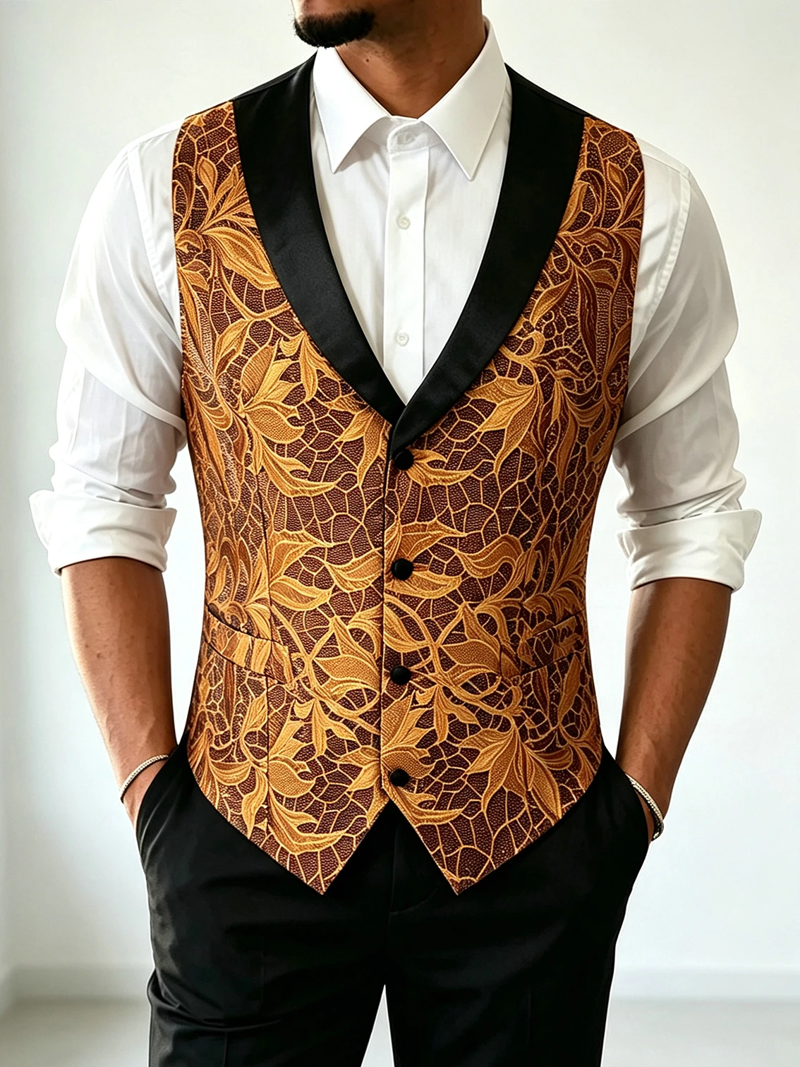 VERVEROW Amber Leaf Men's Floral Jacquard Suit Waistcoat, Satin Shawl Lapel Single Breasted Vest Formal Wedding Party Dress