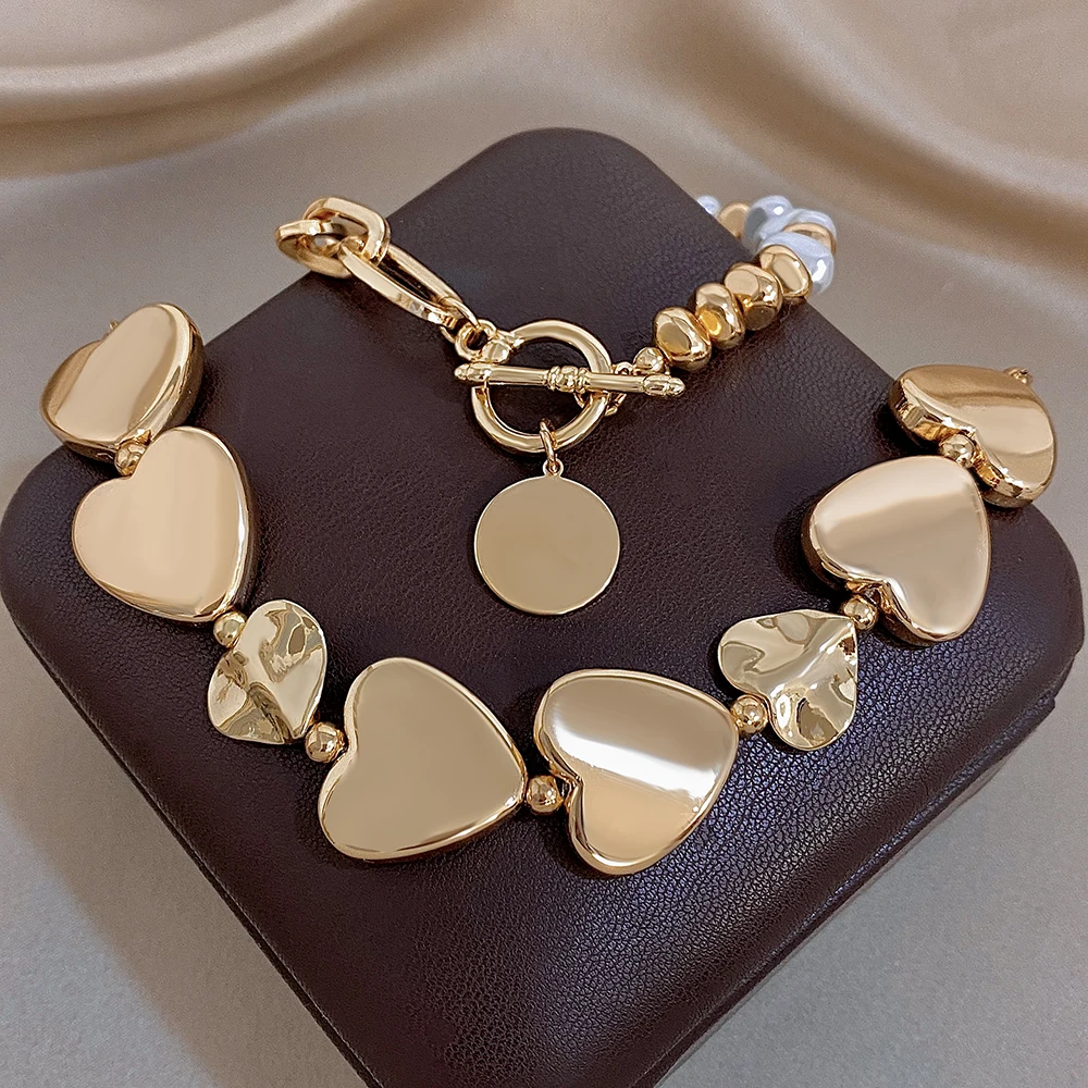 Exaggerated Stackable Wrist Jewelry Heart Pearl Bracelet Set Sweet Love Heart Chain Pearl Paperclip Bracelet For Women