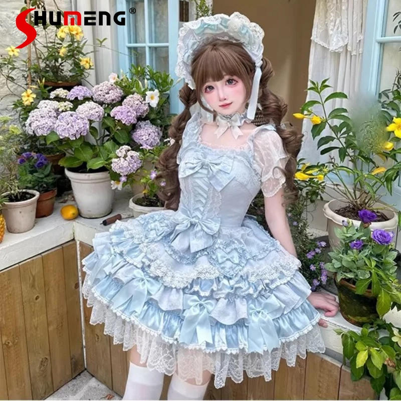

Blue Sweet Lolita Style Strap Dress Set for Women Summer Girl's Slim Fit Bow Lace Birthday Party Dress Princess Dress Vestidos