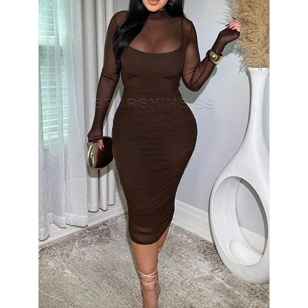 여성의 섹시한 셔링 메쉬 쉬어 모의 목 긴 소매 Bodycon 복장 슬림 패션 클럽 우아한 파티 드레스 streetwear