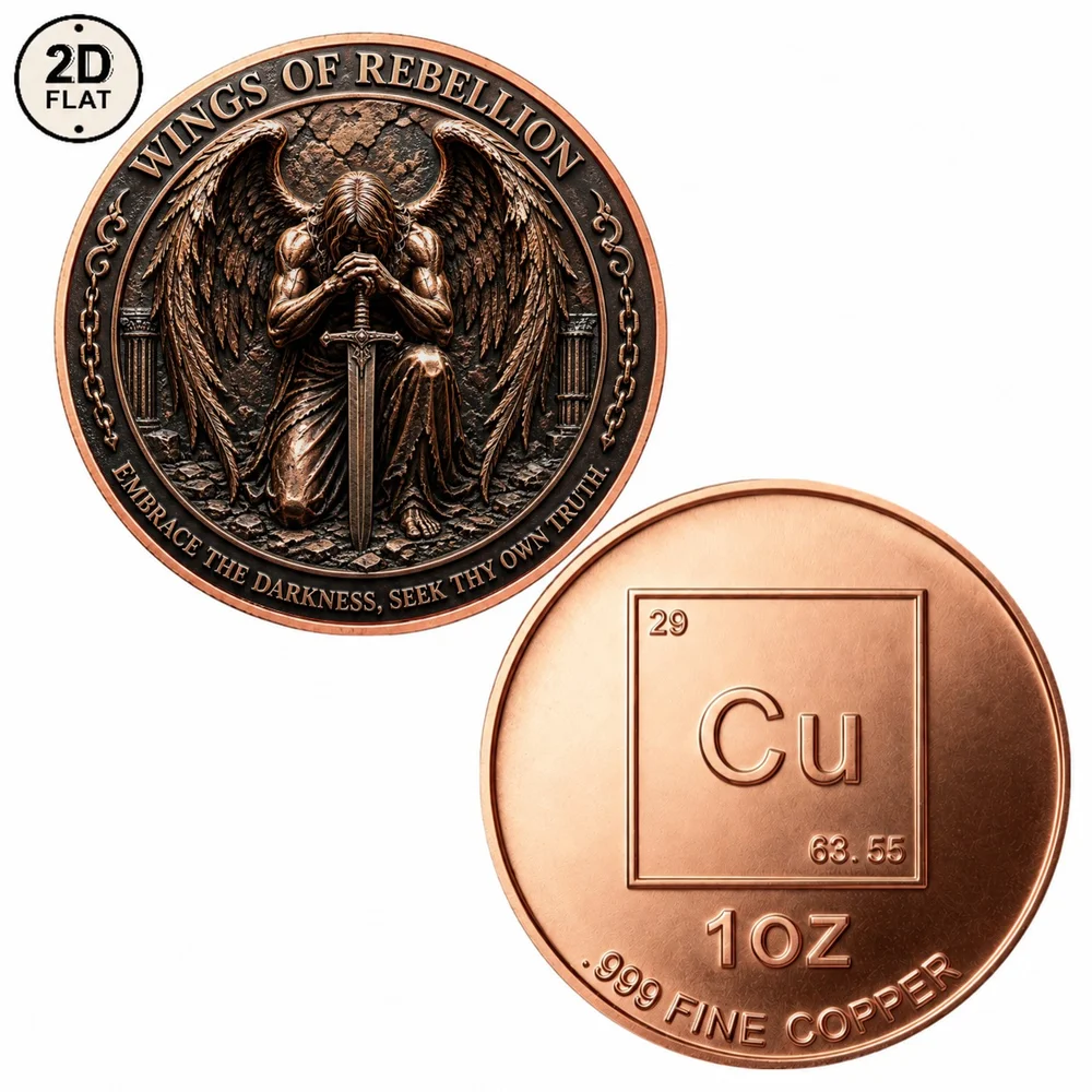 1pc Wings of Rebellion Fallen Angel Fine Copper Challenge Coin Kneeling Angel Sword Gothic Collectible Token Dark Art Keepsakes