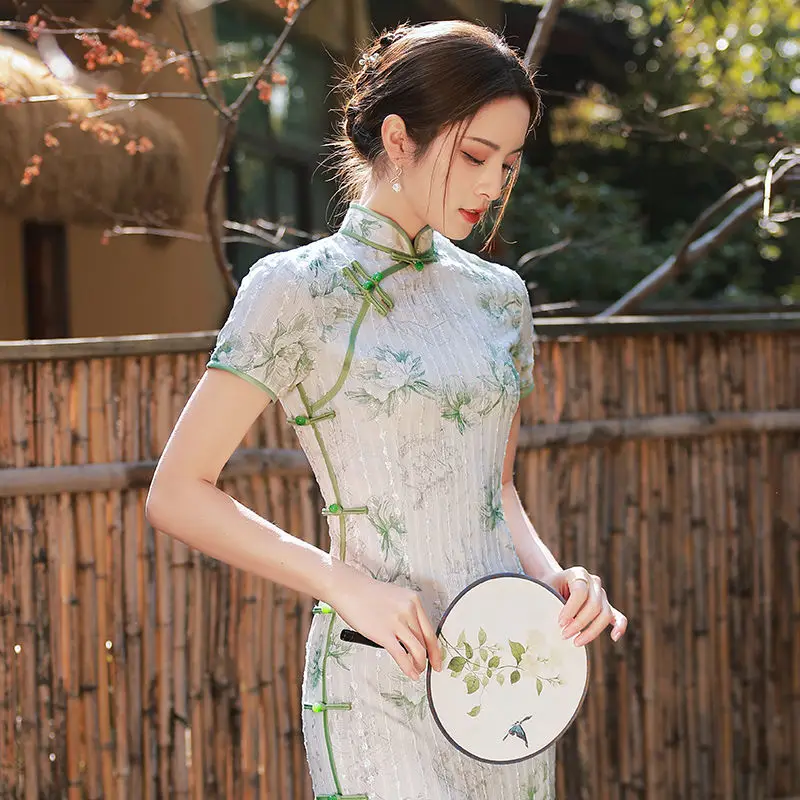 

Traditional Green Cheongsam Short Sleeve Soft Vintage Dress Summer Slim-fit Women Costumes Elegant Qipao S To XXL