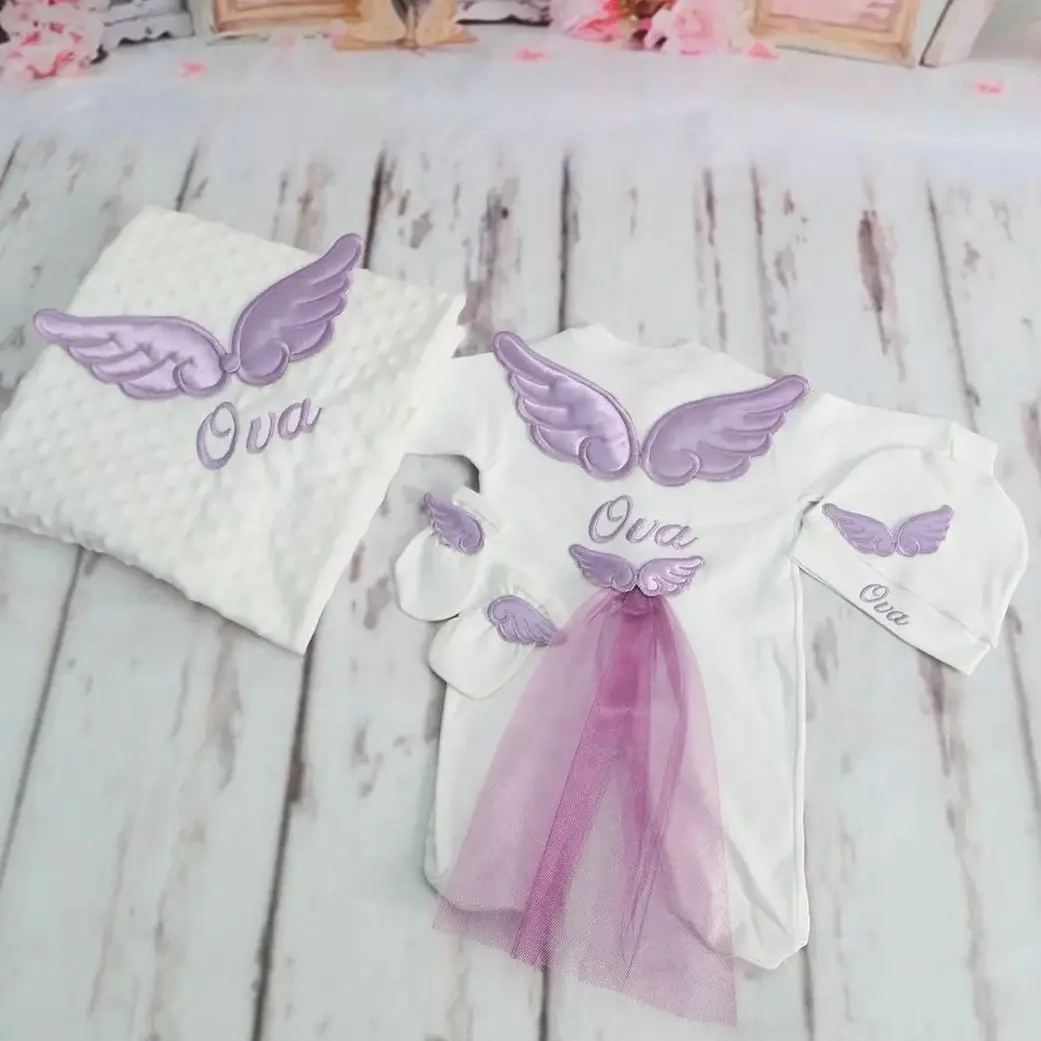 Dollbling Hospital Exit 3pcs Plus Blanket Embroidery Name Newborn Angle Wings Romper Blanket  Nursery Bedding Swaddle Outfit