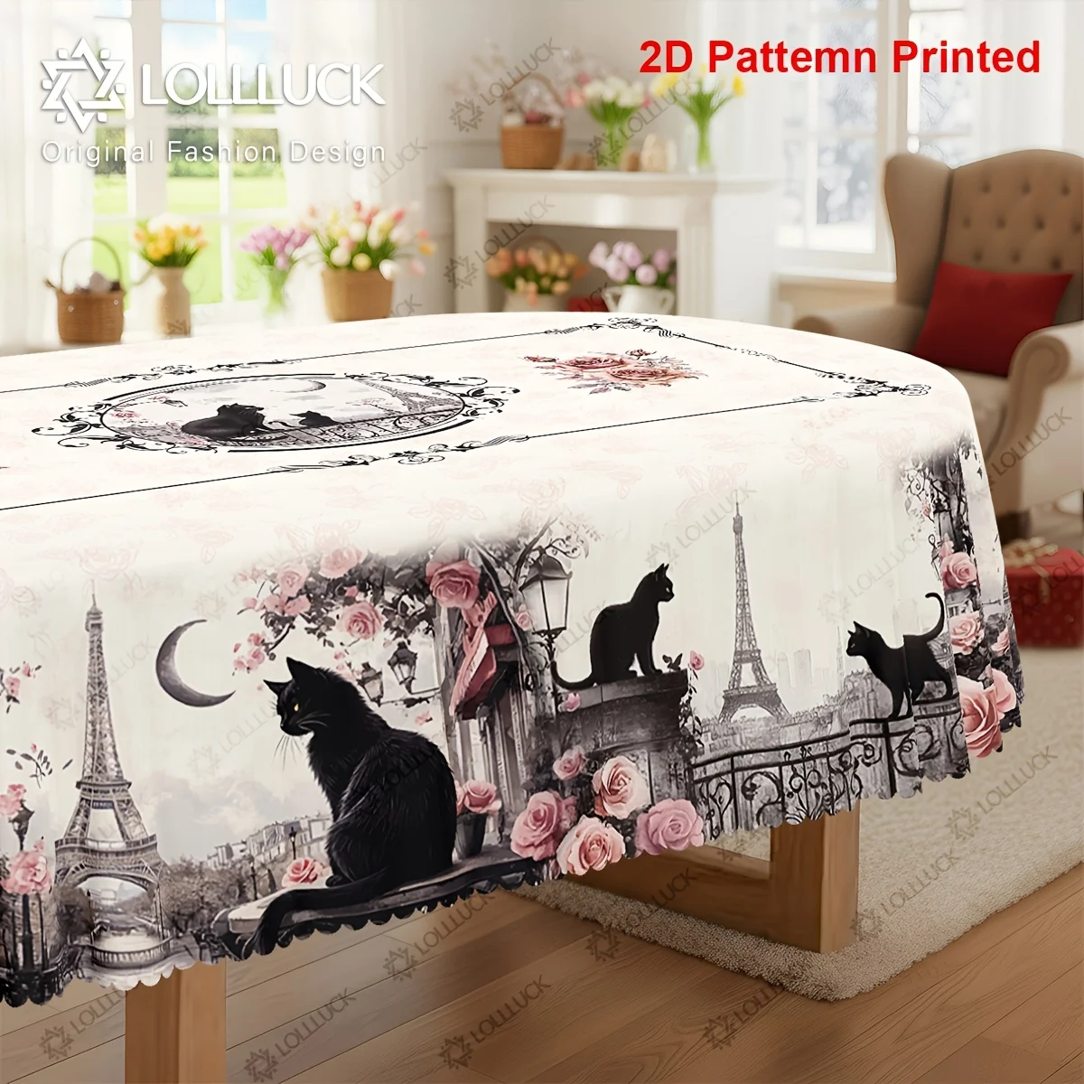 1 piece, cat-themed tablecloth, summer and spring design featuring a moon tower and rose and flower patternszyc