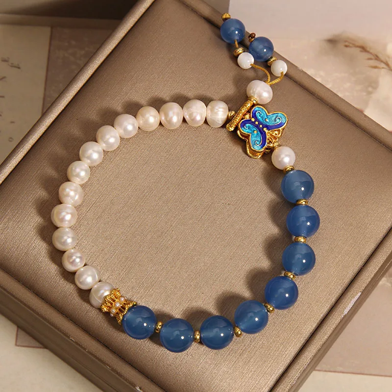 

Niche Exquisite Natural Blue Agate Freshwater Pearl Bracelet for Women New Chinese Style Luxury Retro Butterfly Bracelet