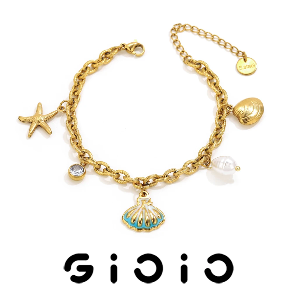 

GIOIO Stainless Steel Gold-Plated Ocean Style Pendant Bracelet Shell Imitation Pearl Starfish Waterproof Bracelets Women Jewelry