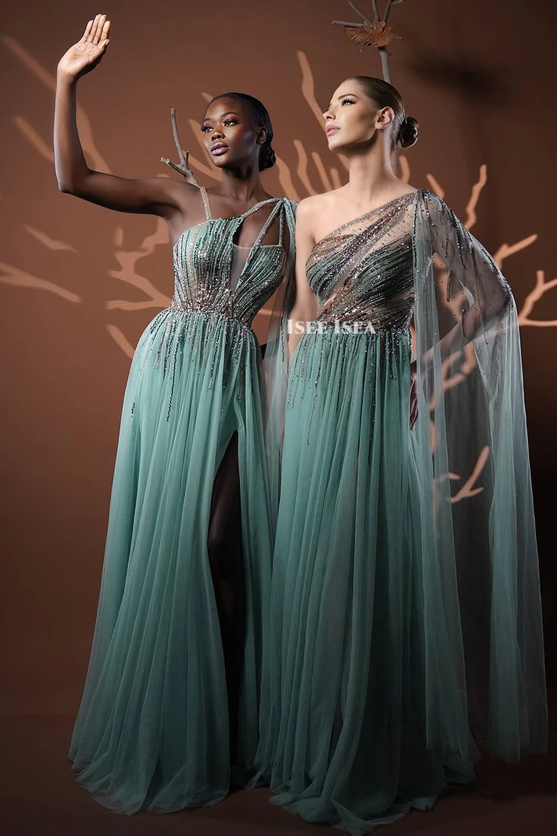 Robe de soirée vert émeraude de dubaï, manches Cape longues pour femmes, robes de bal de mariage, personnalisées