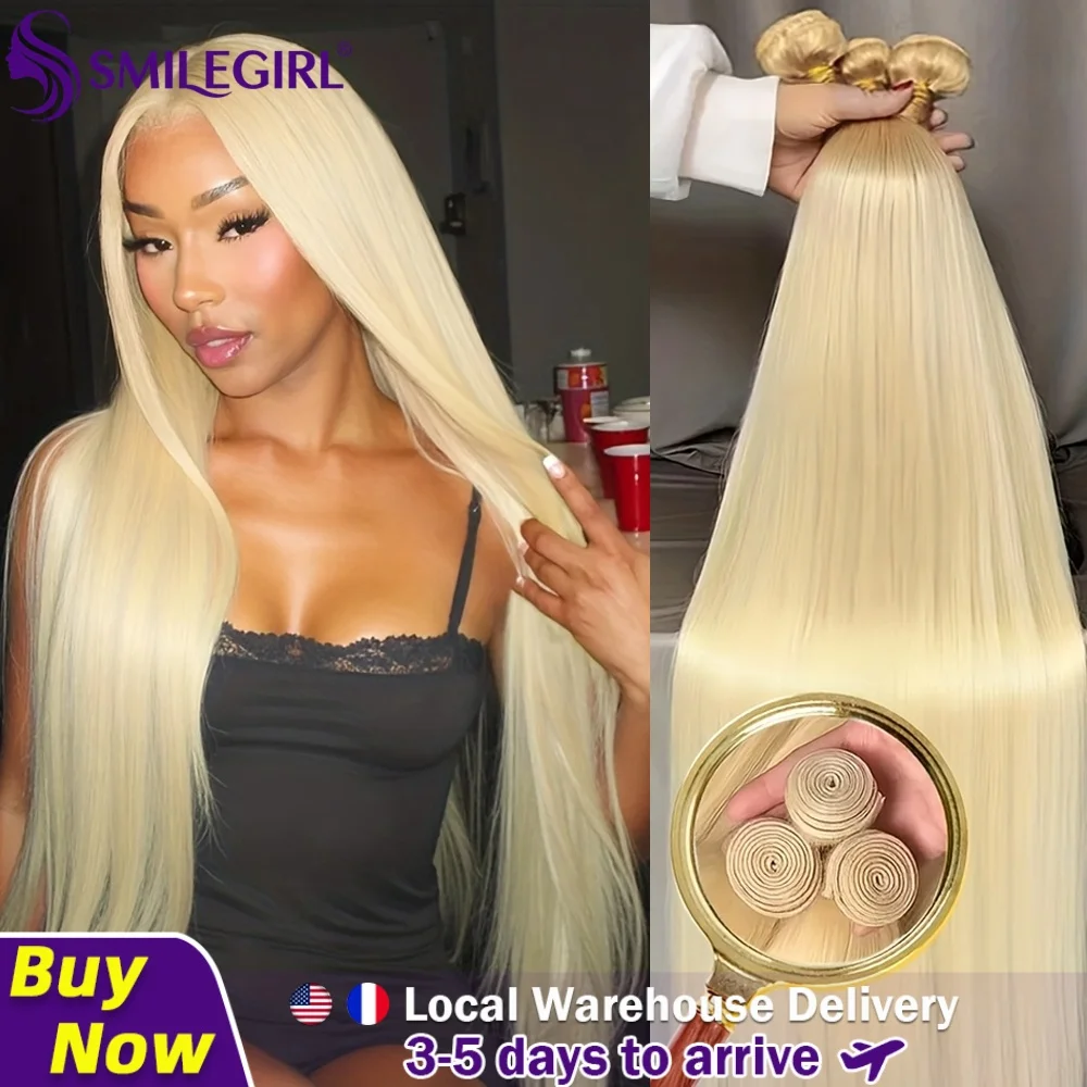 Smilegirl 613 Mèches de cheveux humains lisses, blondes, vierges, brutes, à cuticules alignées, non traitées, tissage brésilien, double trame machine, douces et lisses, extensions capillaires pour femmes, coiffure quotidienne en salon, 6-32 pouces