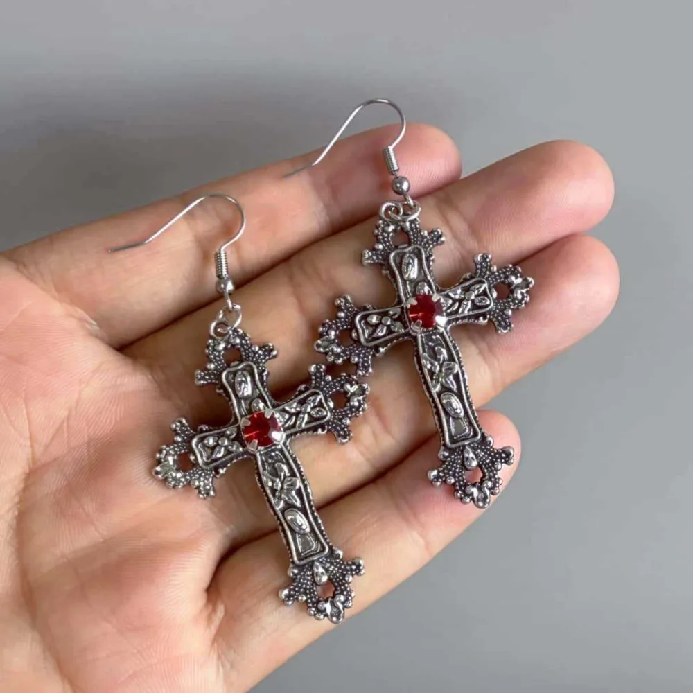 Vintage Gothic Cross Dangle Earrings Multi‑Color Crystal Ornate Ancient Silver Cross Drop Earrings for Women Party Jewelry Gift