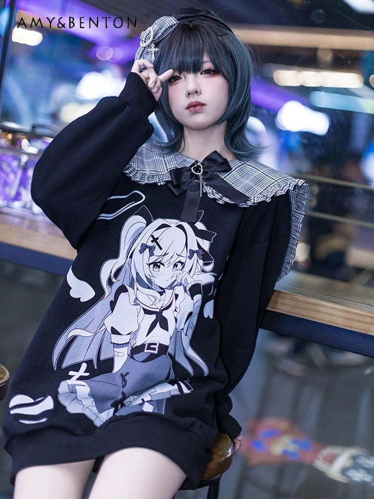

Original Mine Series Sweatshirt Pure Cotton Subculture Anime Print Black and White Doll Collar Oversized Goth Sweatshirt Hoodie