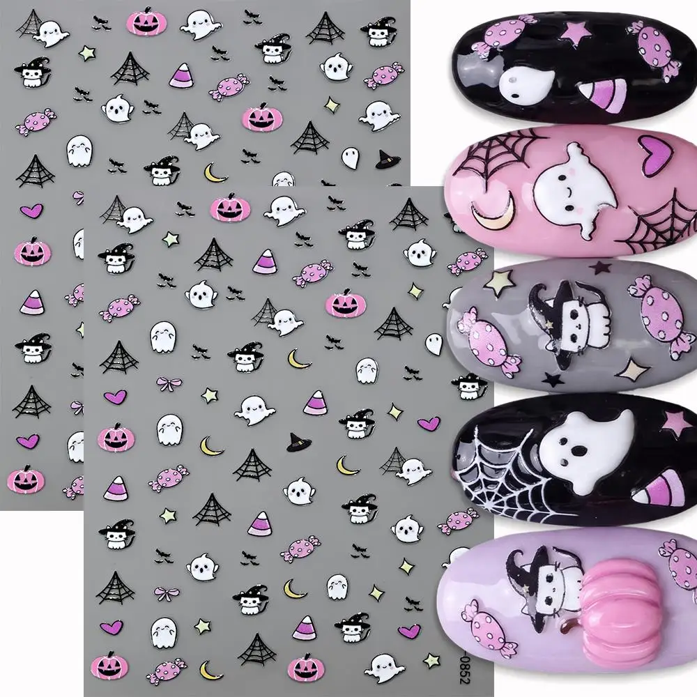 2Pcs Halloween Ghost Pumpkin Spiderweb Nail Stickers Witch Cat Candy Star Moon Heart Nails Decal Sweet Girl Manicure Decoration