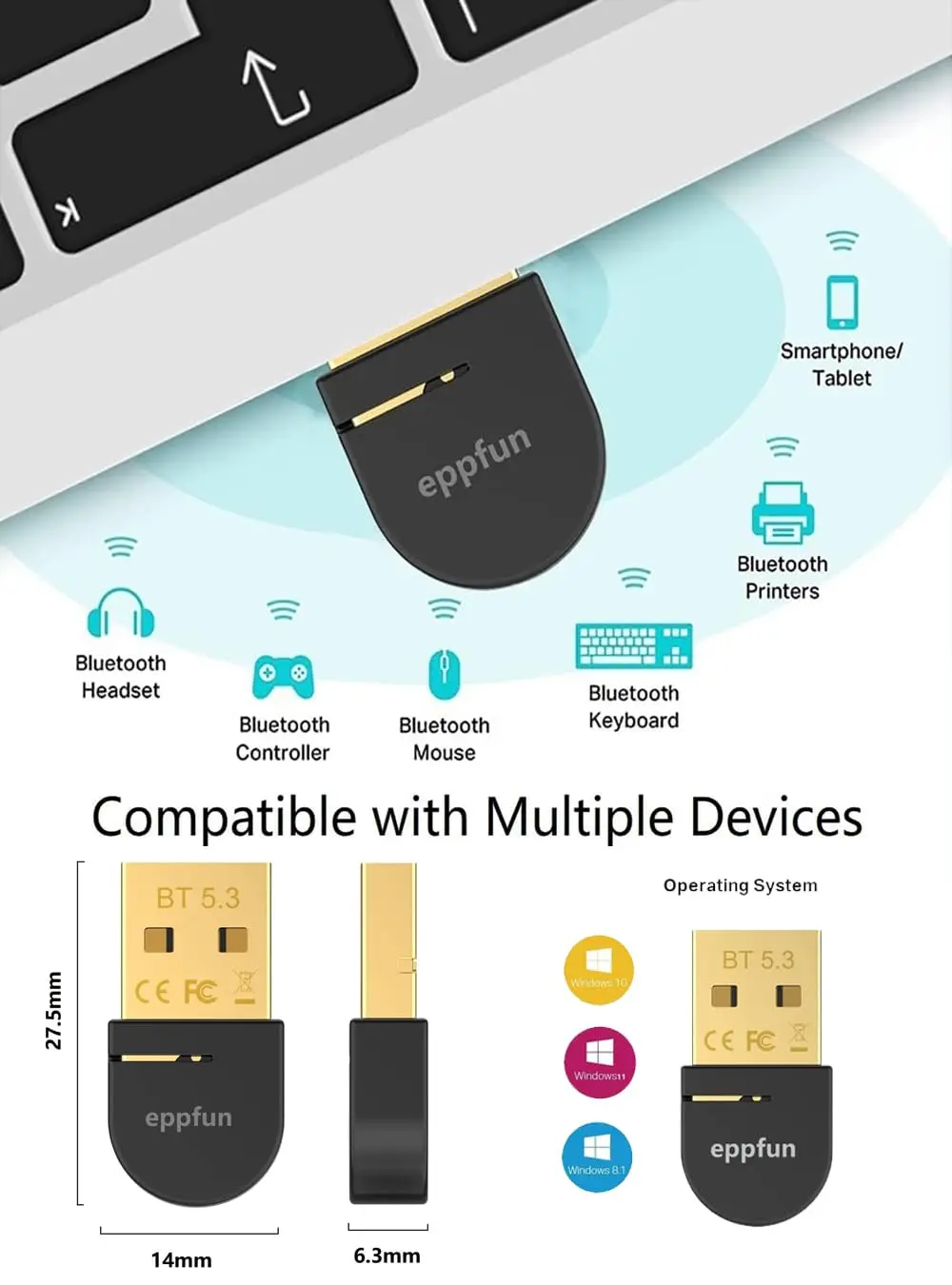 eppfun USB Bluetooth 5.3 AAC Adapter Wireless Dongle Transmitter for PC Windows 11 /10/ 8.1   For Mouse speaker keyboard