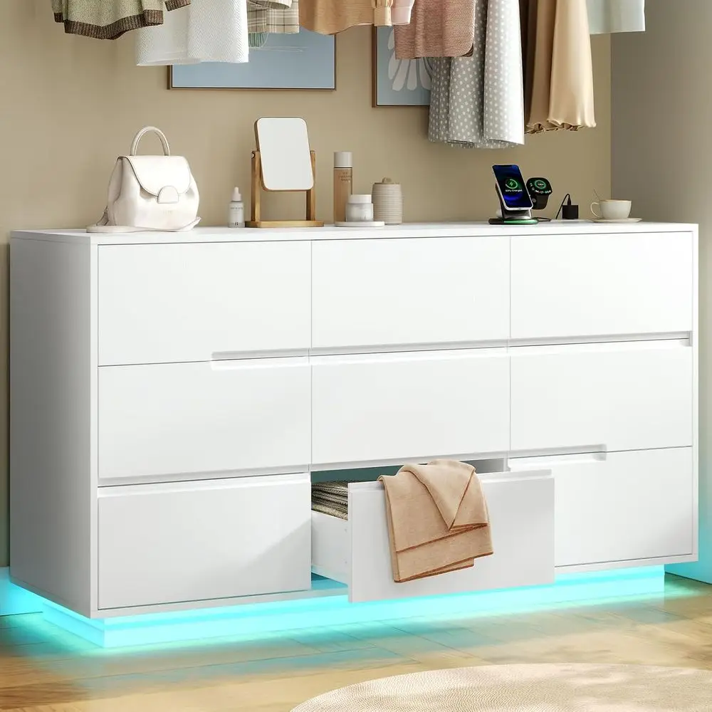 55 White Dresser with Charging Station, LED Light, and Organizer for Bedroom, Living Room, Hallway