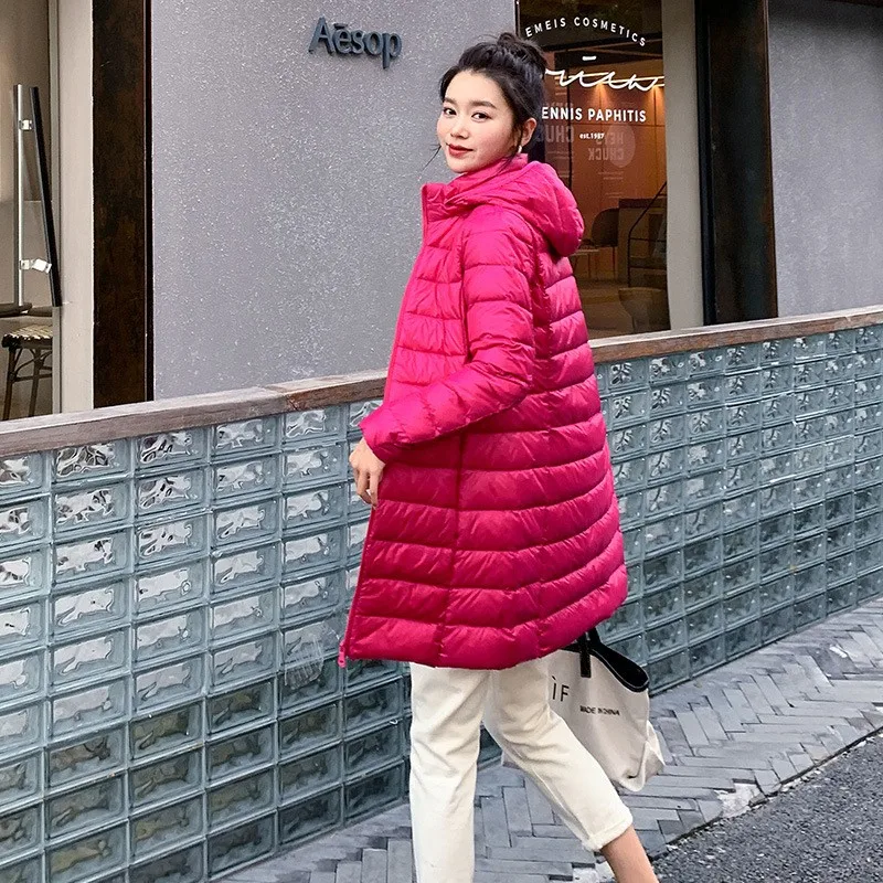 Women Winter Lightweight Slim Fit Hooded Mid-Long Jacket Long Sleeve Zipper Closure Breathable Pocket Women's And Parkas