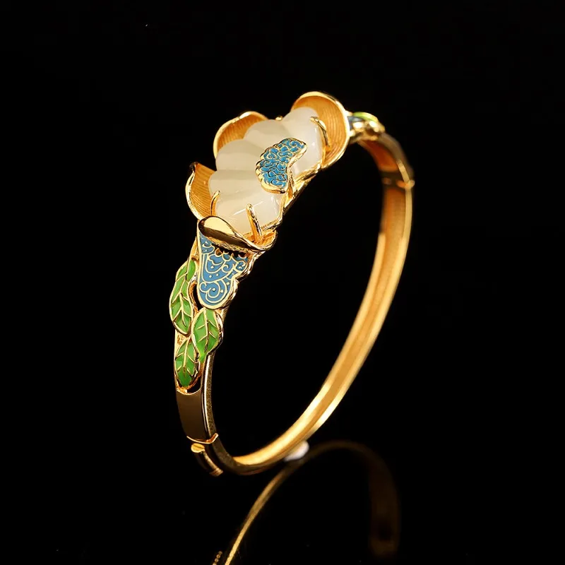 Color Enamel Porcelain Craftsmanship Inlaid Natural Hetian Jade Fan-shaped Bracelet for Women Classical Chinese Style Jewelry