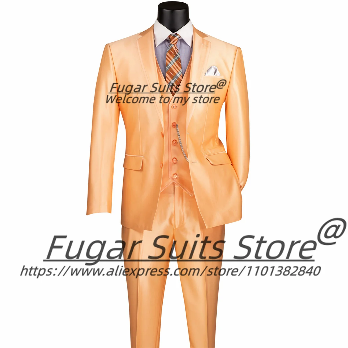 Fashion Melon Orange Satin Men Suits Slim Fit Notched Lapel Groom Wedding Tuxedos 3 Pcs Sets Elegant Male Blazers Costume Homme