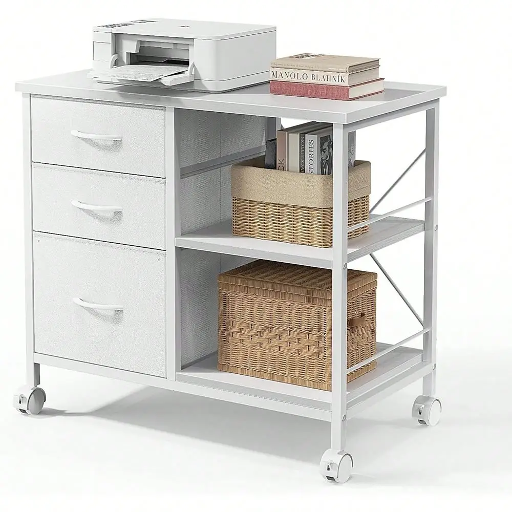 

3Tier Mobile File Cabinet, Printer Stand With Storage, Office Table With Drawers And Back Support Bar, Holds 110lb For Home Off