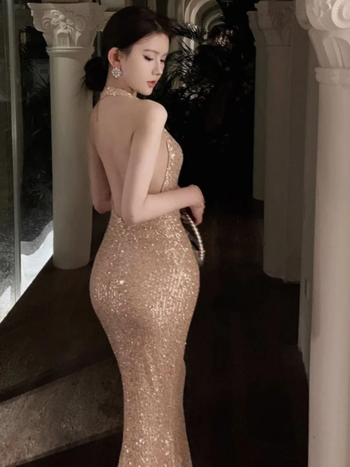 E Vestido de Noche con Lentejuelas para Mujer, Sensación de Alta Gama, Traje de Fiesta, Vestido Largo hasta el Suelo, ...