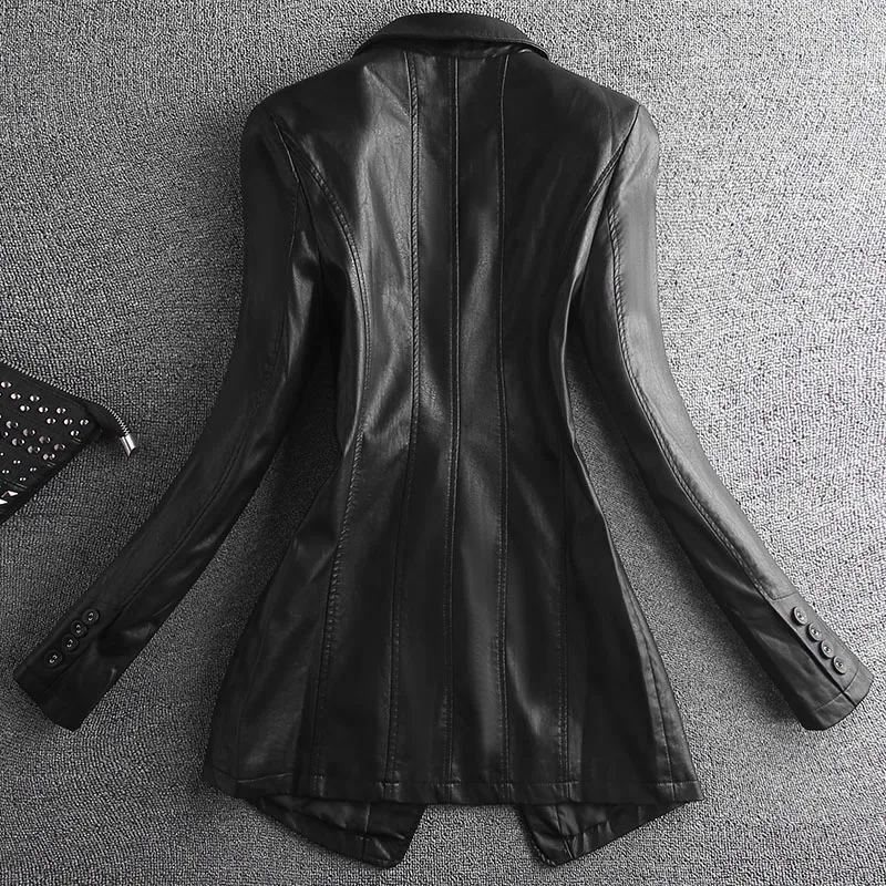 2025 Autumn Women Leather Coat Suit Collar Leather Jacket Black