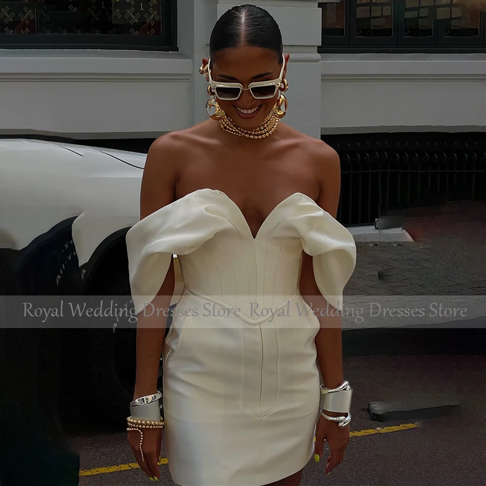 Modern Wedding Dress Mini Off the Shoulder V Neck Sexy  Gowns Crop Top 2 Pieces Ivory Satin Bridal Dresses with Pockets