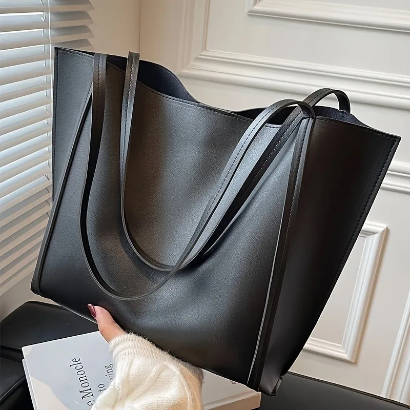 

Women's Large Capacity Lightweight Tote Bag Elegant Black Synthetic Shoulder Bag, Spacious Work Travel Handbag for Everyday Use