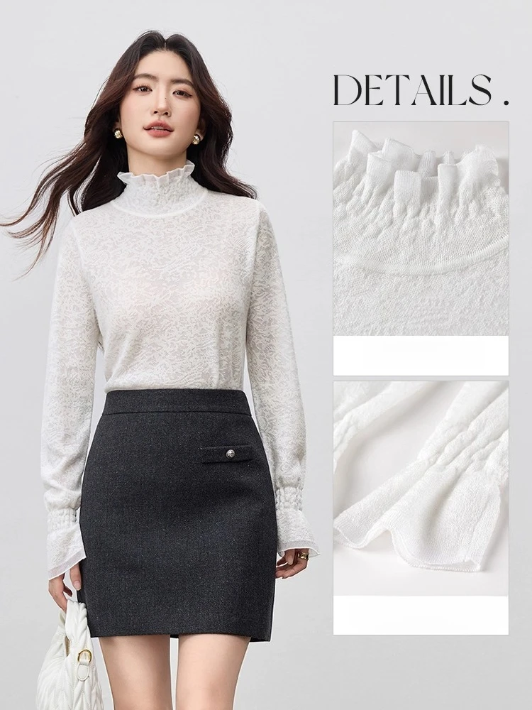 SENTUBILA Dameswolmix Kanten Trui 2025 Herfst Elegante Commuter Coltrui Flare Mouw Zachte Stretch Gebreide Top W53HI3520