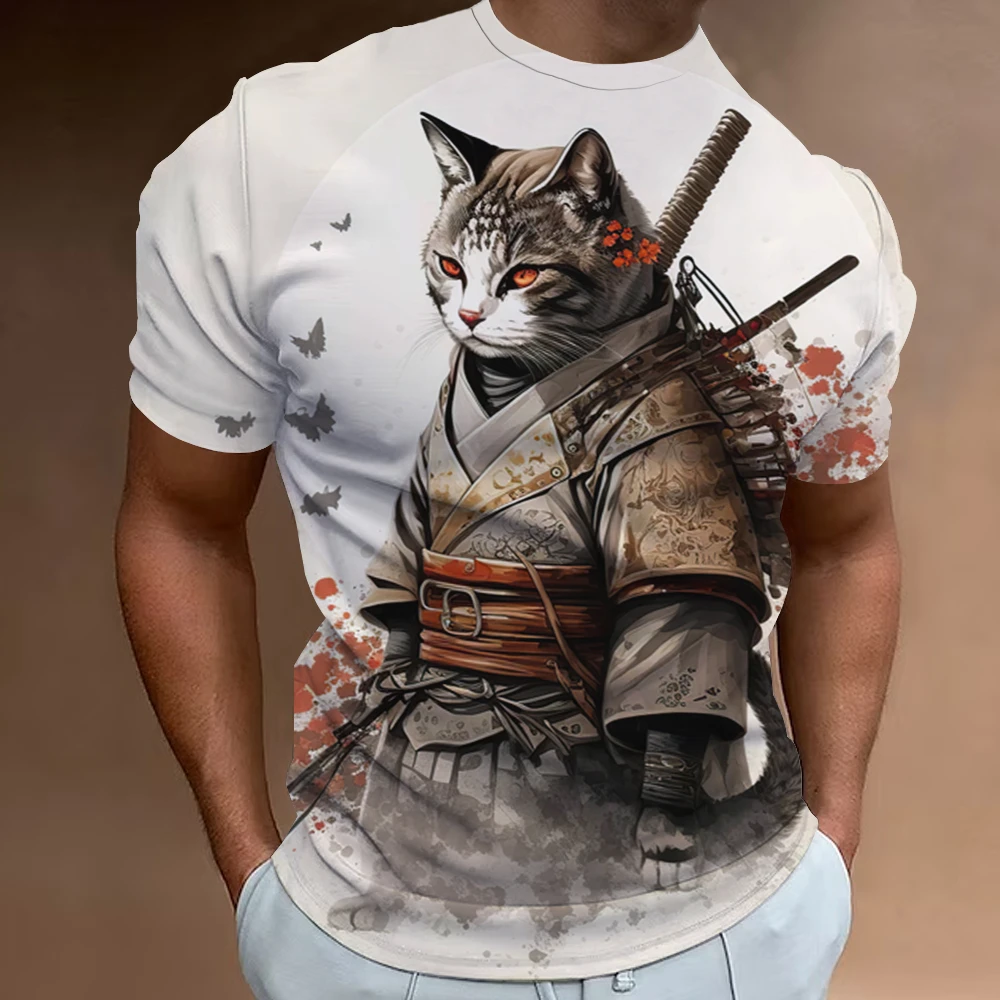 

3d Samurai Cat Print Short Sleeve T-Shirt For Men New Retro Men's T-Shirt Fashion Oversized Man Clothes Quick Dry Tees Tops 2024