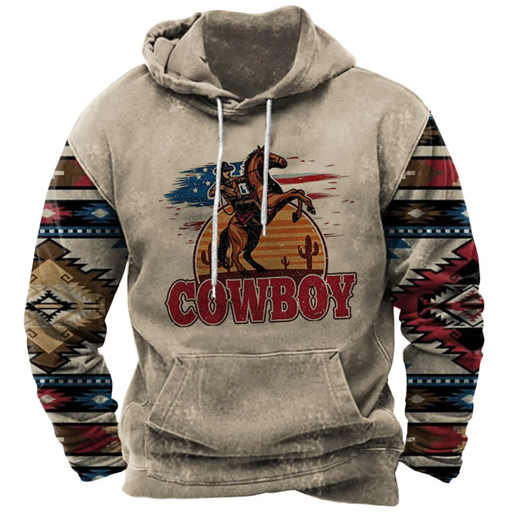 Autumn Vintage Hoodie For Men Cowboy Print Long Sleeve Oversized Sweatshirt Casual Street Men's Clothing Classic Style Pullover