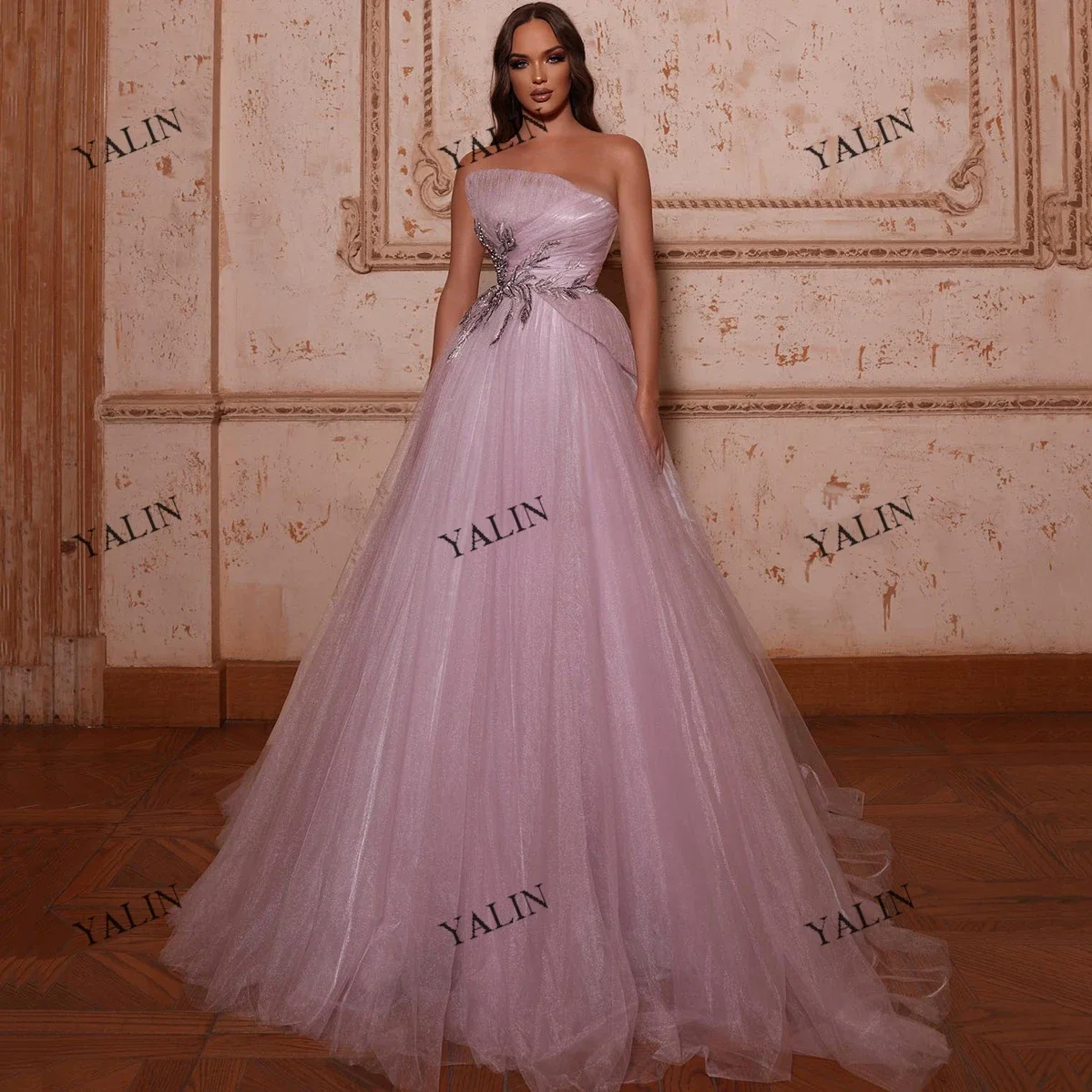 Customized Dusty Pink High Waist Celebrity Dresses Brush Train Strapless Empire Princess Tulle Red Carpet Dress Sequined Ball Go