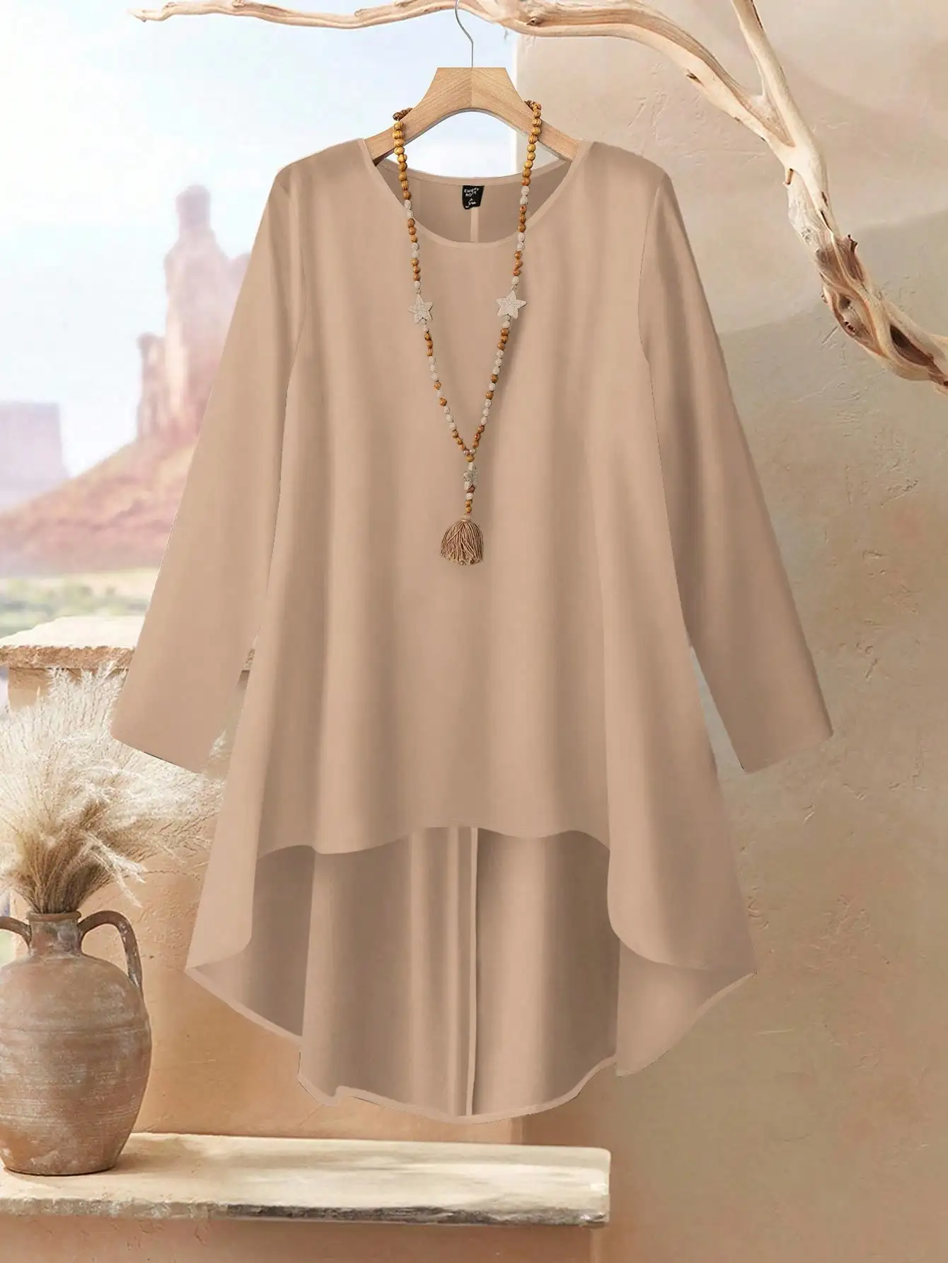 Beige High-Low Top & Leaf Print Wide Leg Pants Set