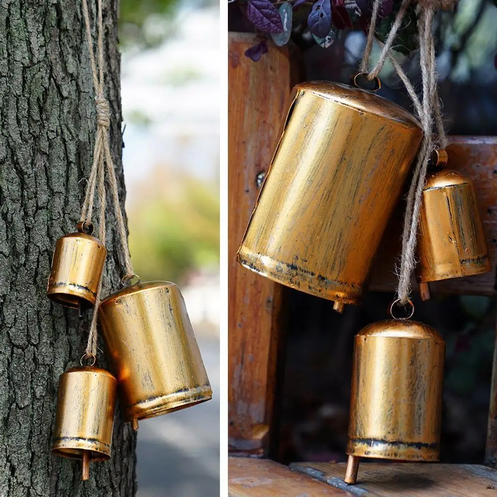 Handmade Giant Metal Harmony Christmas Hanging Cow Bells - Complete Set Of 3 Rustic Style Bells On Jute Rope Christmas Ornaments